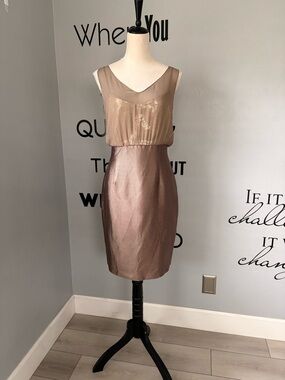 Kay Unger Metallic Taupe Sequin Bodice Sheath Dress Size 12